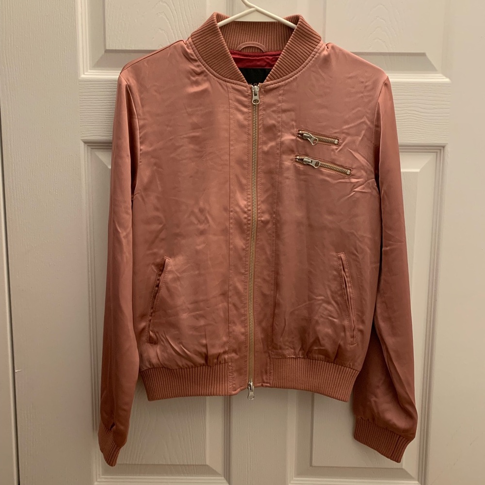 Nasty Gal pink embroidered silky bomber jacket